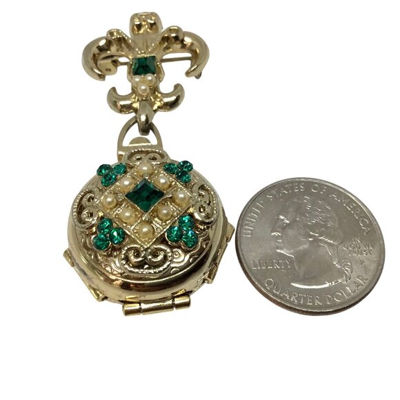 Vintage CORO Pat Pend Estate Triple Locket Brooch Fleur de Lis Rhinestone Pearl - Picture 2 of 14